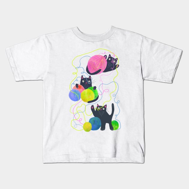 Super Cute Black Cats Design: Playful Yarn Kitties Delight Kids T-Shirt by RH Creatives